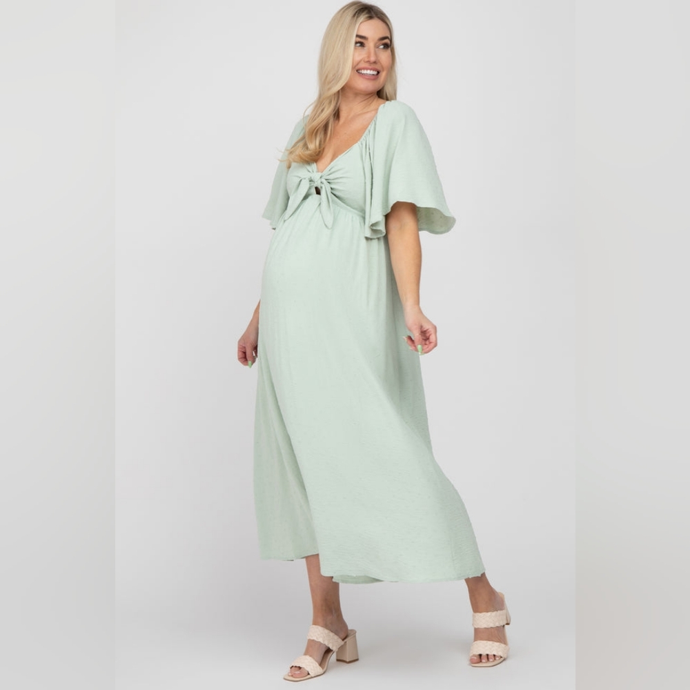 Mint Green Textured Dot Front Tie Ruffle Sleeve Maternity Midi Dress
